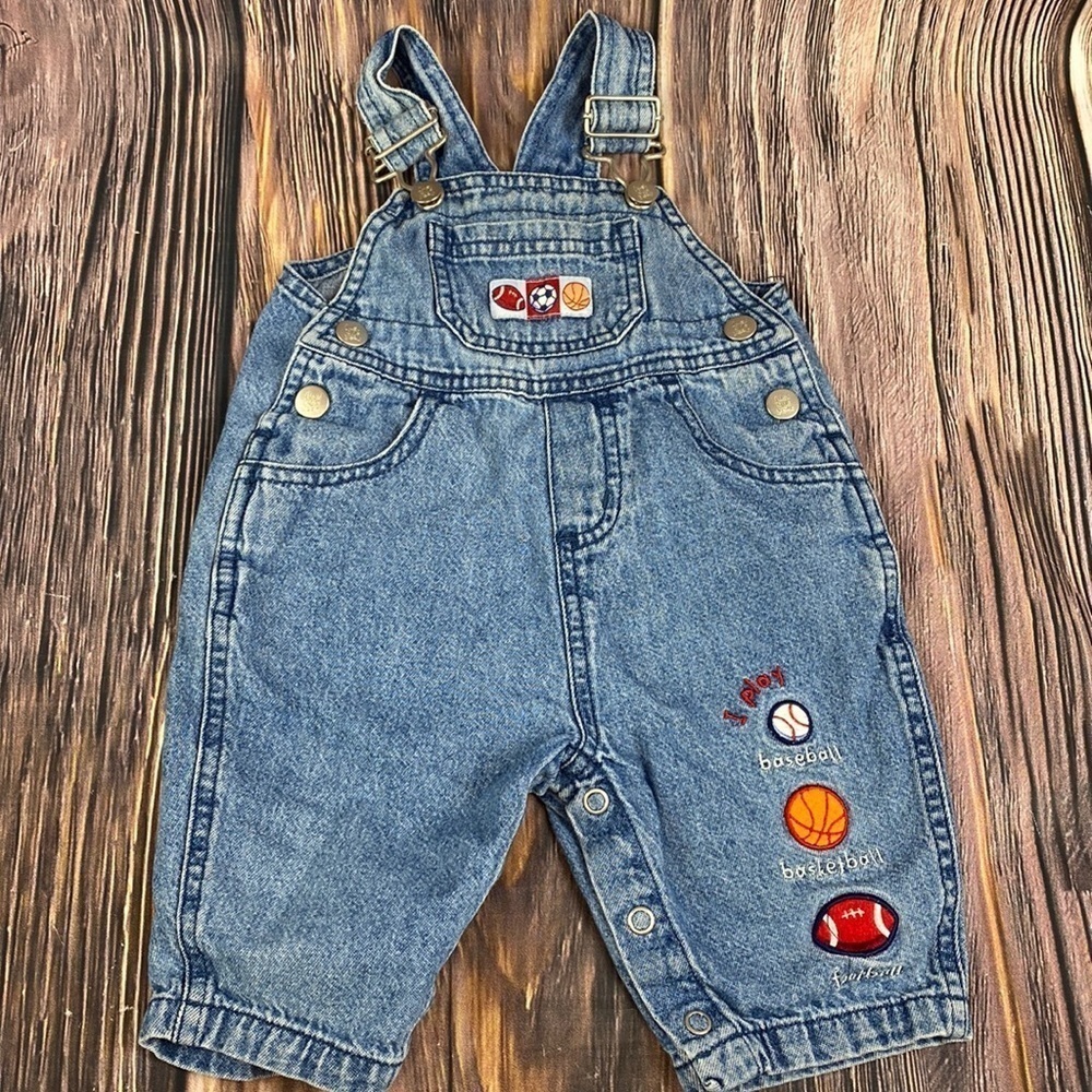 Infant Just One Year Sports Themed Blue Jean Overalls- Size 6 months